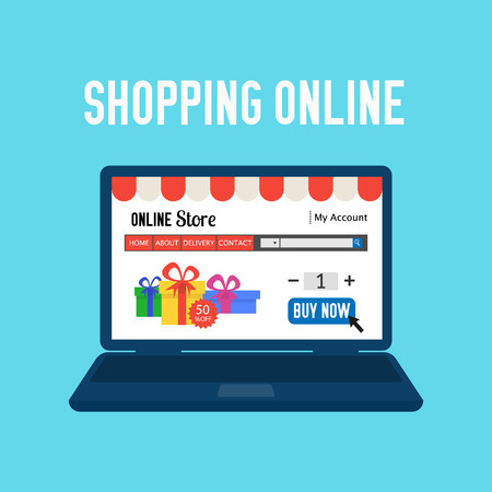 Online store. Shopping online. E-commerce shopping concept. Colored flat web market isolated on blue. Design for website mobile banner poster.のイラスト素材