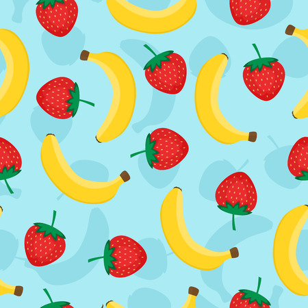 Seamless pattern with yellow bananas and red strawberries. Cute vector background. Fruits illustration on blue background.のイラスト素材