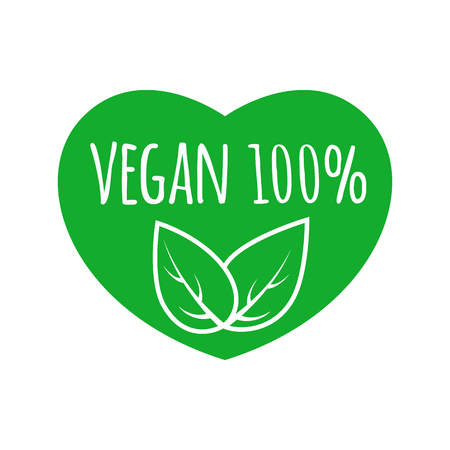 Vegan food sign with leaves in heart shape design. Vegan vector logo. Eco green logo. Raw, healthy food badge.のイラスト素材