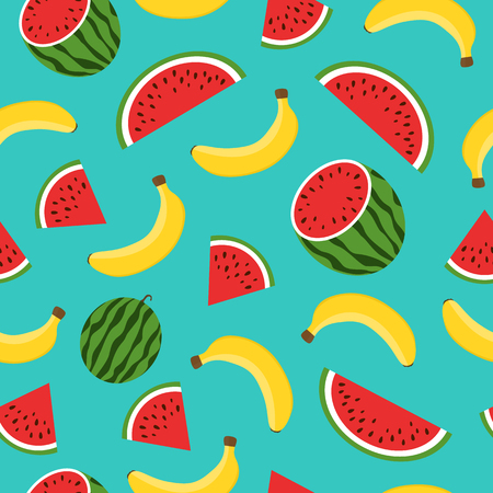 Seamless pattern with yellow bananas, watermelon on blue background. Summer fruit illustration. Colorful cute tropical background.のイラスト素材