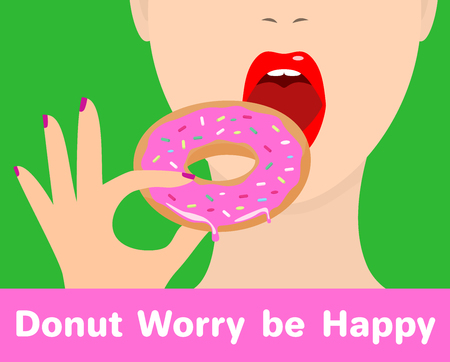 Girl with donut. Vector illustration. Donut Worry be Happy sign. Design for advertising.のイラスト素材