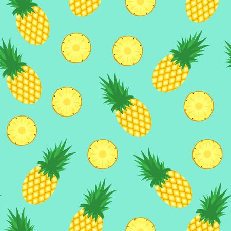 Seamless pattern with pineapples. Pineapple and slices of pineapple on blue background. Bright summer fruits illustration. Fruit design for fabric and decor.のイラスト素材