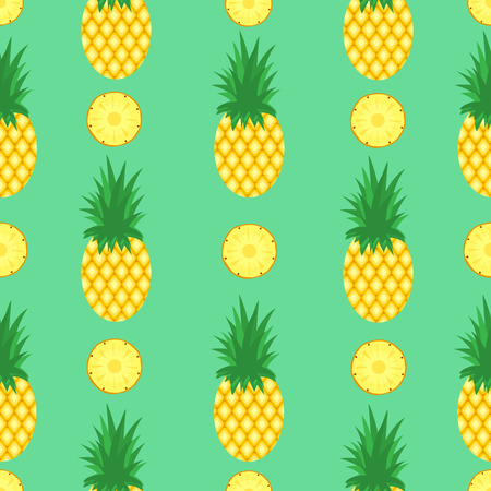 Seamless pattern with pineapples and pineapple slices on mint green background. Pineapple background. Bright tropic fruits illustration.のイラスト素材