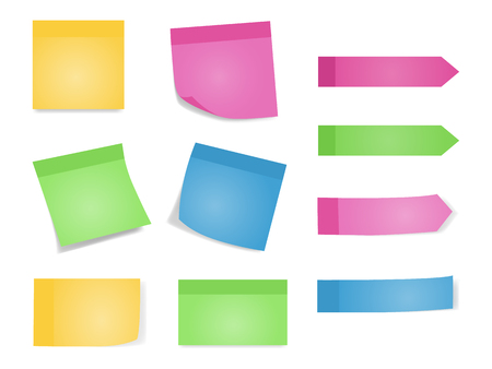 Sticky notes. Set of color sheets of note papers. Vector illustration of paper lists with different color and shadow. White background.のイラスト素材