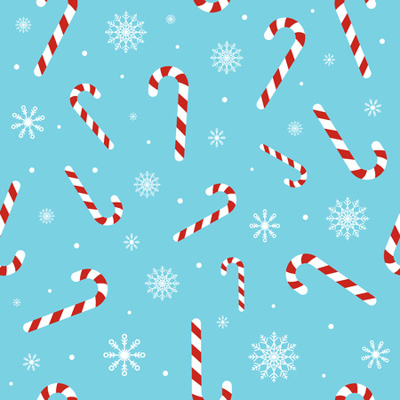 Christmas seamless pattern with candy canes, snowflakes, snow ball on blue background. Background for wrapping paper, fabric print, greeting cards. Winter Holiday designのイラスト素材