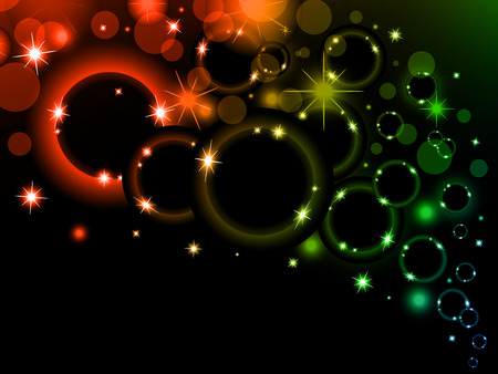 Colorful light bubbles Background. Neon rainbow bokeh effect. Dark background with Glowing sparkling circles and rings in spectrum colors.の写真素材