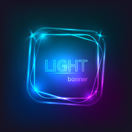 Light square banner. Square frame with glowing and lights. Bright banner design on dark backdrop. Neon abstract background with flares and sparkles.の写真素材