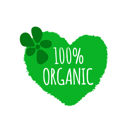 Organic food badge. Vegan menu. Heart brush shape with flower.のイラスト素材