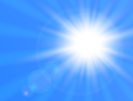 Realistic shining sun on blue background. Sun with lens flare. Vector illustrationのイラスト素材