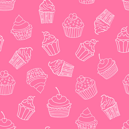 Cupcakes seamless pattern on pink background. Sweet pattern. Vector illustration.のイラスト素材