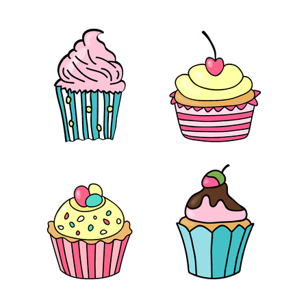 Sweet cupcake. Set of hand drawn cupcakes. Doodle cakes with cream and berries. Vector illustrationのイラスト素材