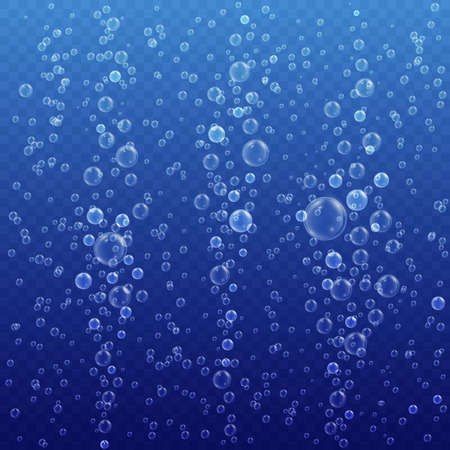 Underwater bubbles on blue transparent background. Realistic fizzing air bubbles. Effervescent drink. Vector illustration.のイラスト素材