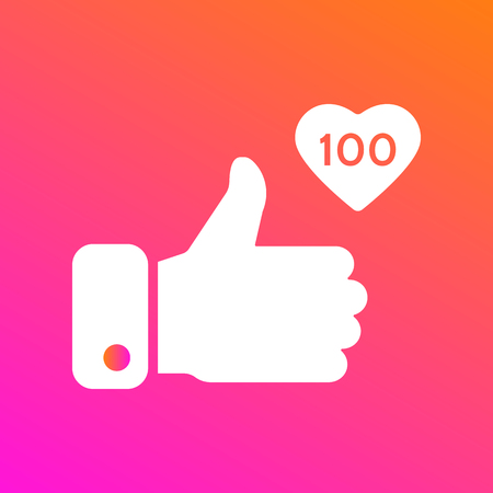 Like, thumbs up icon on gradient background. Icon like 100. Social network symbol. Counter notification icon. Social media element. Message bubble. Emoji reaction. Vector illustrationのイラスト素材