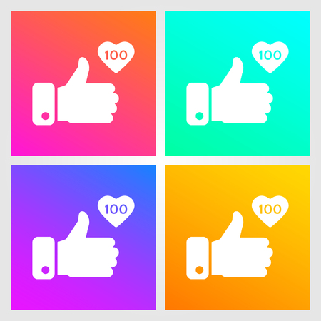 Like, thumbs up icons set on gradient background. Icon like 100. Social network symbol. Social media element. Message bubble. Vector illustrationのイラスト素材