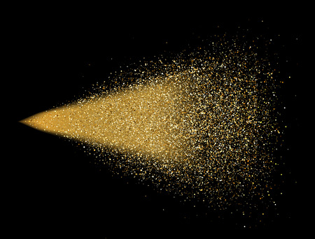 Gold glitter spray on black background. Glowing drops in motion. Golden magic star dust. Light particles. Bright glitter explosion. Sparkling firework. Vector illustration.のイラスト素材