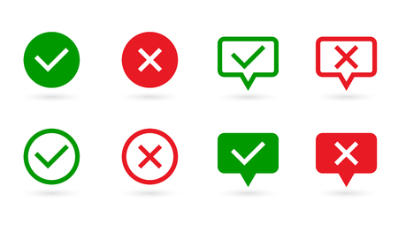 Check marks set. Green tick and red cross in speech bubble and circle shape. YES or NO symbol. Concept of checklist, reject or accept. Vector icons for internet buttons or web page. Vector illustrationの写真素材