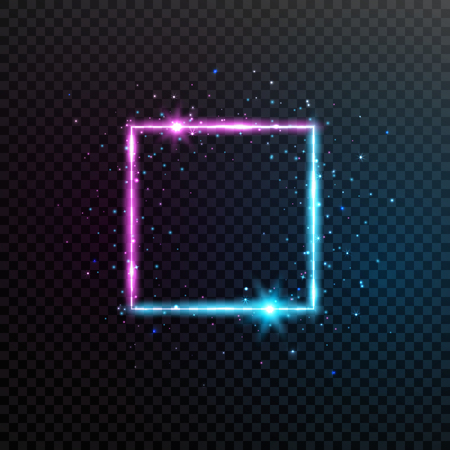 Neon square frame. Bright blue and violet glowing banner with sparkles, flares and stars. Electric bright 3d border. Shining dynamic banner. Glowing futuristic frame. Vector illustrationのイラスト素材