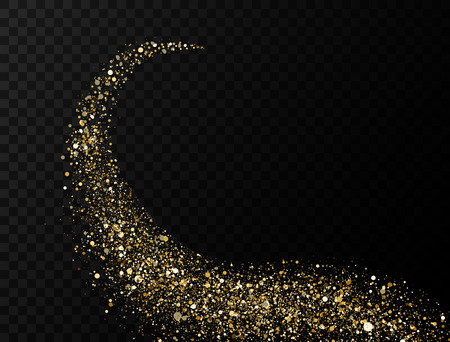 Glitter golden wave. Trail of sparkling particles on transparent background. Abstract gold flare trace. Light twist trail. Glittery twirl with confetti. Magic star dust. Vector illustrationのイラスト素材