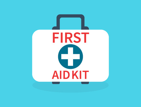 First aid kit isolated on blue background. Medical examination. Health care design in flat style. First aid kit box with medical equipment for emergency. Vector illustration.のイラスト素材