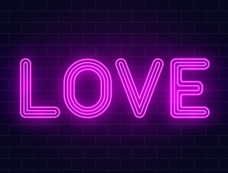 Neon love text on a brick wall. Valentines day background with purple glowing neon signboard with glowing backlight. Love lettering. Realistic 3d neon banner. Vector illustration.のイラスト素材