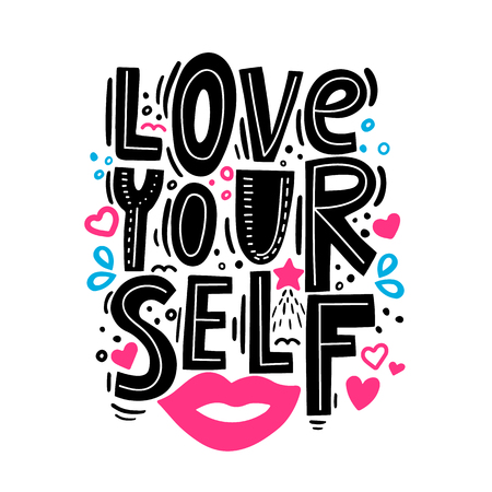 Love yourself - motivational quote. Modern brush pen lettering. Love yourself hand made color text. Scandinavian handwritten printable design, trendy phrase for t-shirts, cards. Vector illustration.のイラスト素材