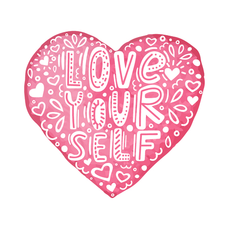Hand drawn lettering quote-Love yourself with floral ornament. Love yourself hand made color text in watercolor heart. Doodle brush pen lettering. Handwritten printable design. Vector illustration.のイラスト素材