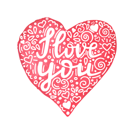 I love you hand written quote in watercolor hand drawn heart with floral ornament. Hand made Valentines day card. Romantic phrase I love you. Modern brush pen lettering. Vector illustration.のイラスト素材