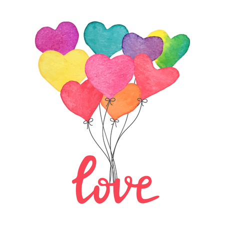 Watercolor hand drawn heart balloons with hand written text I love you. Hand made Valentines Day card. Romantic design element for greeting card, wedding invitation. Vector illustration.のイラスト素材
