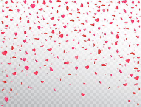 Heart confetti falling on transparent background. Flower petal in shape of heart. Valentines Day background. Color confetti for greeting cards, wedding invitation, gift packages. Vector illustration.のイラスト素材