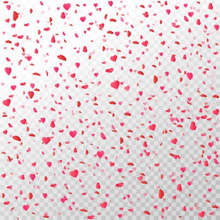 Heart confetti falling on transparent background. Flower petal in shape of heart. Color confetti for greeting cards, wedding invitation, gift packages. Valentines Day background. Vector illustration.のイラスト素材