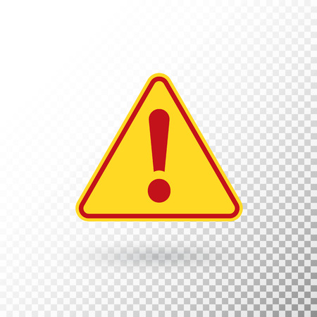 Warning symbol. Attention button. Red exclamation mark in yellow triangle isolated on transparent background. Warning sign. Exclamation mark icon in flat style. Vector illustrationのイラスト素材