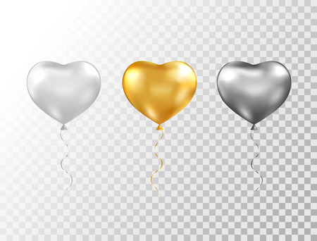 Helium heart balloons set isolated on transparent background. Foil glossy gold, silver and black festive balloons. Baloon for anniversary, birthday party, wedding, grand opening. Vector illustrationのイラスト素材