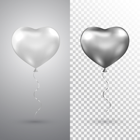 Heart silver balloons set on transparent background. Helium glossy balloon. Realistic foil baloon for party, Christmas, Birthday, Valentines day, Womens day, wedding. Vector illustrationのイラスト素材