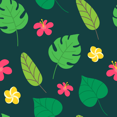 Tropical seamless pattern on dark green background. Summer design with tropic leaves, monstera, banana leaves, hibiscus, plumeria flowers. Modern template for print, banner. Vector illustration.のイラスト素材