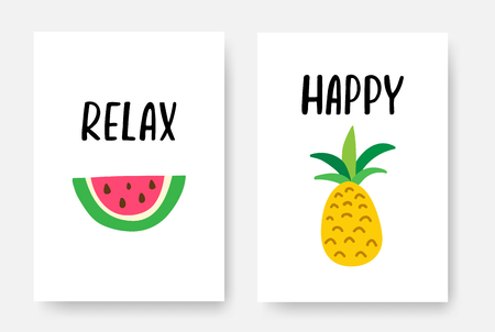 Happy summer poster A4 set with hand drawn lettering. Summer vacation banners with watermelon and pineapple. Creative tropical design for web, print, cards. Vector illustration.のイラスト素材