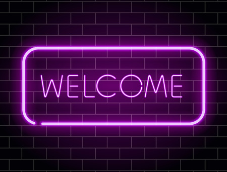 Neon welcome banner. Color neon frame on brick wall. Realistic glowing night signboard. Night bright advertising. Shining neon effect. Vector illustrationのイラスト素材