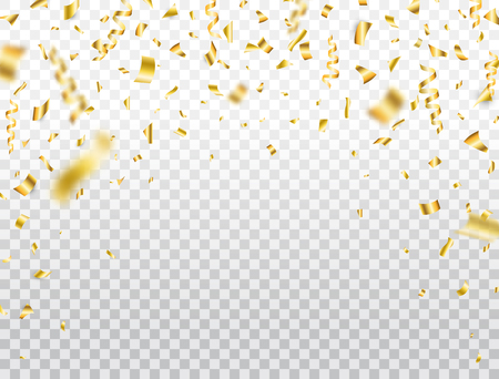Gold confetti on transparent background. Falling shiny golden confetti. Party backdrop. Bright glitter festive tinsel. Holiday design element for web banner, flyer, invitation. Vector illustration.のイラスト素材