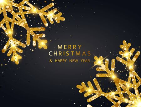 Gold snowflakes banner. Merry Christmas background with glitter shining golden snowflakes. Luxury Happy New Year card. Vector Illustrationのイラスト素材