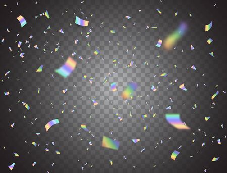 Holographic shiny falling confetti on transparent background. Glitch effect. Rainbow festive tinsel. Foil hologram. Color iridescent decoration for Christmas, Birthday, Wedding. Vector illustrationのイラスト素材