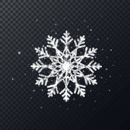Silver glitter snowflake on transparent background. Shining Christmas snowflake with sparkles and stars. Winter holiday luxury decoration for cards, invitation, poster, banner. Vector illustration.のイラスト素材