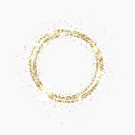 Glitter gold circle. Festive gold sparkle frame with space for text. Bright glittering star dust. Luxury design for Christmas and Birthday cards, wedding invitations, posters, web banners. Vector illustration.のイラスト素材