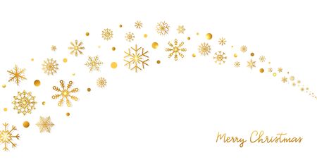 Golden snowflakes border in wave shape. Glitter gold snowflakes and snow with stars on white background. Merry Christmas and Happy New Year design for card, banner, invitation. Vector illustration.のイラスト素材