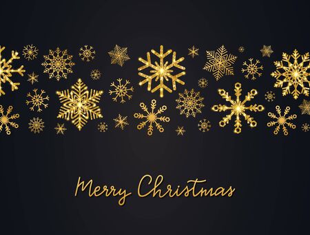 Christmas background with glitter gold snowflakes and hand lettering. Shining tape with golden snowflakes. Merry Christmas Happy New Year banner. Luxury festive greeting card. Vector Illustrationのイラスト素材
