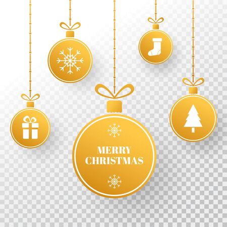 Christmas gold bauble. Winter holiday tag. Bright golden xmas balls with christmas tree, present, snowflakes, ribbon and sock. New year holiday card. Vector illustration.のイラスト素材