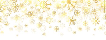 Gold snowflakes on white background. Golden snowflakes border with different ornaments. Luxury Christmas banner. Winter ornament for packaging, cards, invitations. Vector illustrationのイラスト素材