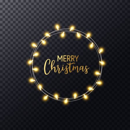 Christmas lights wreath with hand lettering Merry Christmas. Glowing gold xmas garland. Luxury frame. Holiday design for greeting card, banner, poster, invitation. Vector illustration.のイラスト素材