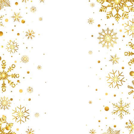Golden snowflakes border with different ornaments. Gold snowflakes falling on white background. Luxury Christmas garland. Winter ornament for packaging, cards, invitations. Vector illustration.のイラスト素材