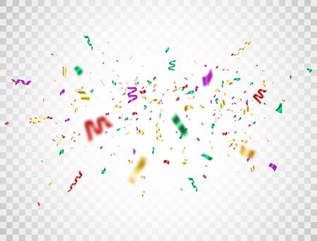 Confetti color explosion on transparent background. Falling colorful confetti. Bright festive tinsel. Party backdrop. Holiday design elements for web banner, poster, flyer, invitation. Vector illustrationのイラスト素材