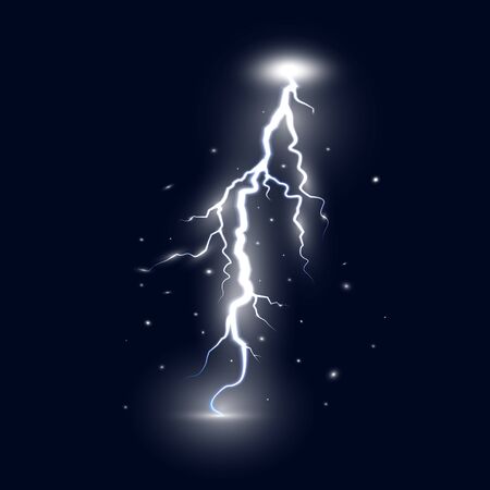 Bright white lightning isolated on dark background. Thunder storm design element. Magic shining...