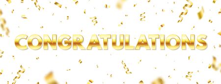 Congratulations long banner with golden text and falling confetti. Congrats greeting card on white background. Gold foil texture with glitter. Party decoration. Vector illustrationのイラスト素材